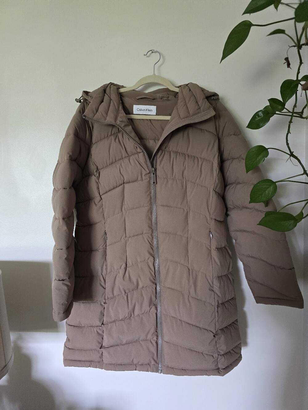 Calvin Klein Womens Large Beige Taupe Puffer Coat Hooded Jacket